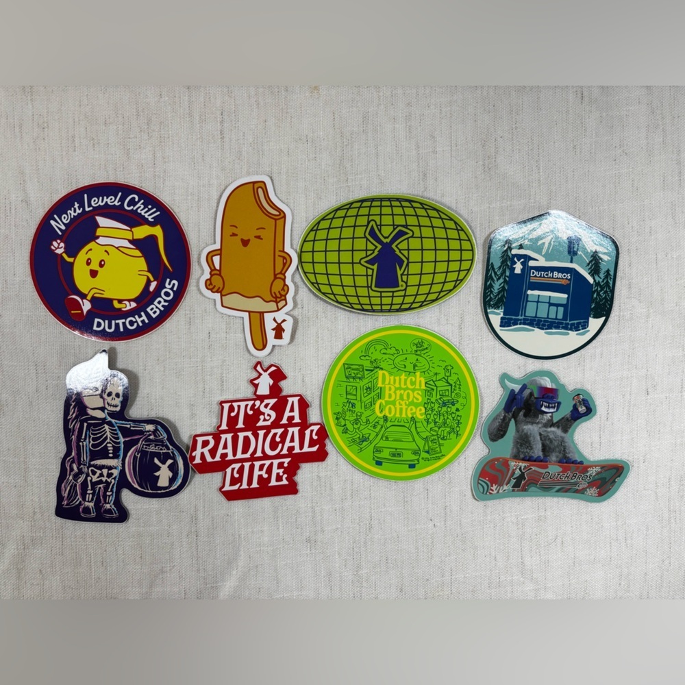 Lot of 8 Dutch Bros Stickers Radical Life Popsicle Skeleton Globe Coffee Decals